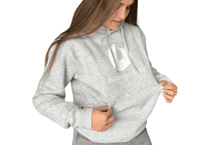 Balanced Body grey hoodie with kangaroo pocket and logo.