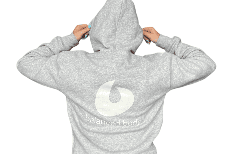 Back view of Balanced Body Hoodie with logo.