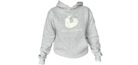 Light grey Balanced Body hoodie with modern cut and logo.
