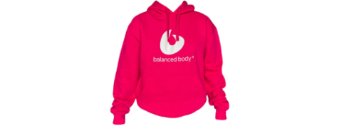 Balanced Body hoodie with logo, headphone access, soft fabric.
