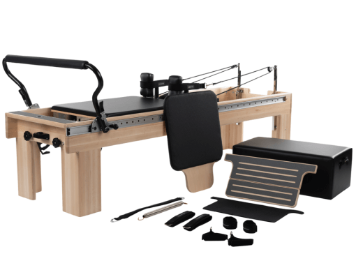 Pilates accessories: Sitting Box, Jumpboard, loops, handles, foot strap