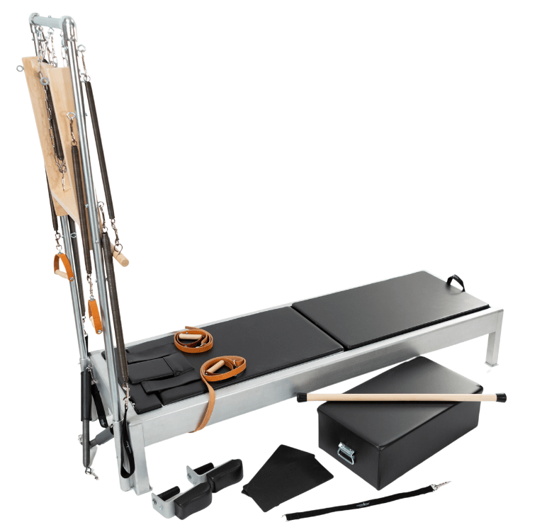 Reformer with leather handles, maple bar, and sitting box