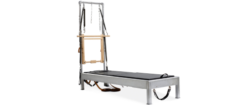 Pilates machine with durable, satin-finish aluminum frame.