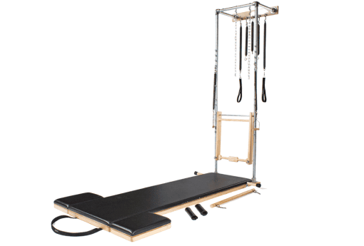 Wall tower Pilates equipment with galvanised steel frame and push-through bar.