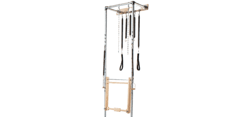 Pilates reformer tower with multiple exercise accessories.