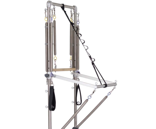 Stable stainless steel Pilates tower with adjustable push-through bar.