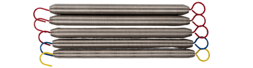 Pilates equipment springs with red, green, blue, and yellow resistance.