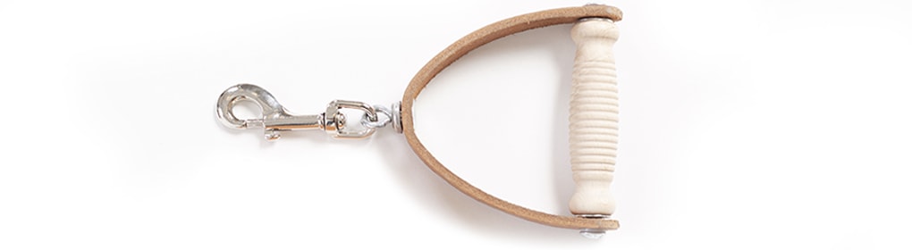 Classic wood handles with leather and snap hooks for Pilates.