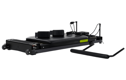 Telescoping Pilates reformer for easy storage and transport.