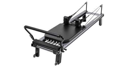 Pilates reformer with adjustable frame and legs, transport wheels