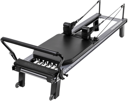 Pilates reformer with reinforced frame, non-slip feet, and SoftTouch system.