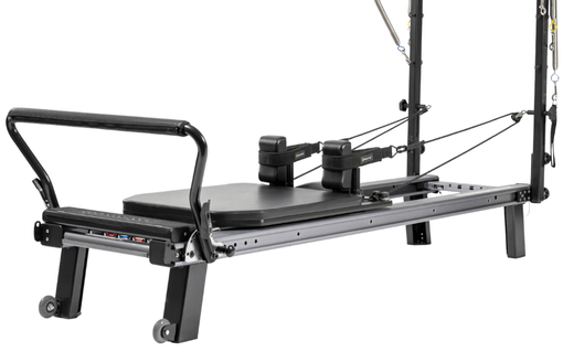 Pilates reformer with advanced 8-wheel system and ergonomic carriage.